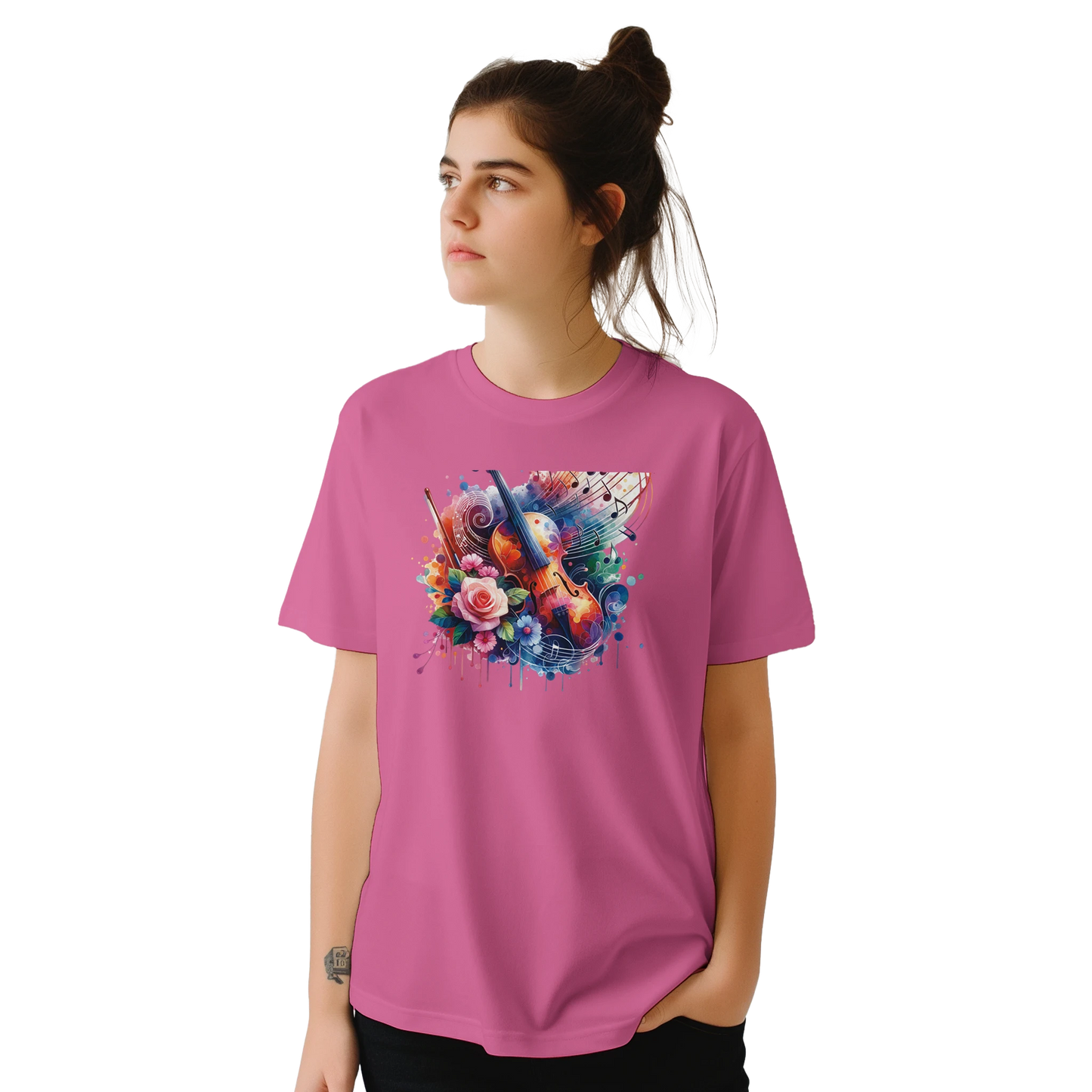 Crisp white tee styled with composer sheet music flat-lay