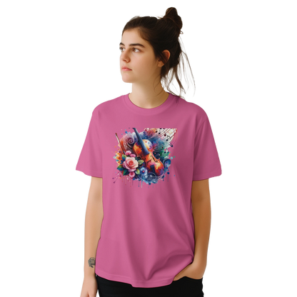 Crisp white tee styled with composer sheet music flat-lay